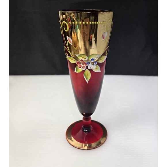 Venetian Other - Venetian Ruby Red Wine Glass Vase Gold Gilt Enamel Floral Design Pedestal 7.25"